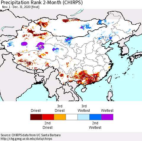 China, Mongolia and Taiwan Precipitation Rank since 1981, 2-Month (CHIRPS) Thematic Map For 11/1/2020 - 12/31/2020