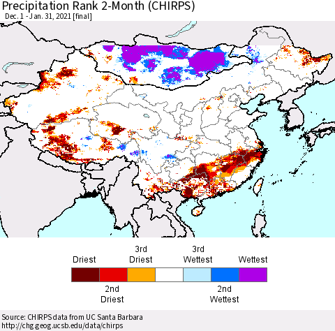 China, Mongolia and Taiwan Precipitation Rank since 1981, 2-Month (CHIRPS) Thematic Map For 12/1/2020 - 1/31/2021