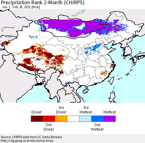 China, Mongolia and Taiwan Precipitation Rank since 1981, 2-Month (CHIRPS) Thematic Map For 1/1/2021 - 2/28/2021