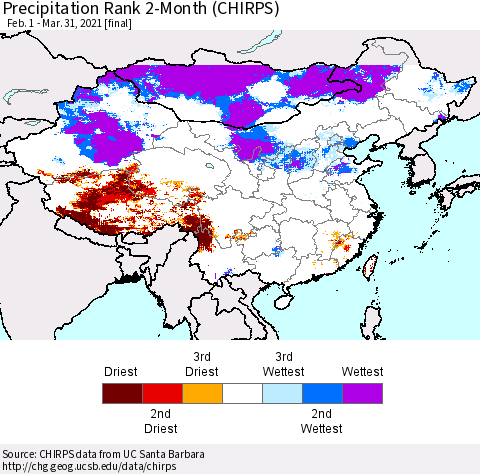 China, Mongolia and Taiwan Precipitation Rank since 1981, 2-Month (CHIRPS) Thematic Map For 2/1/2021 - 3/31/2021