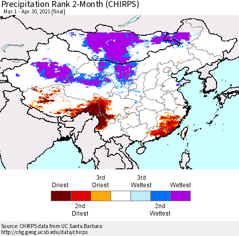 China, Mongolia and Taiwan Precipitation Rank since 1981, 2-Month (CHIRPS) Thematic Map For 3/1/2021 - 4/30/2021