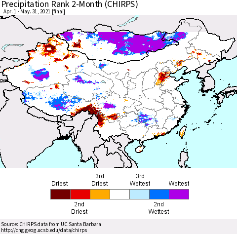 China, Mongolia and Taiwan Precipitation Rank since 1981, 2-Month (CHIRPS) Thematic Map For 4/1/2021 - 5/31/2021