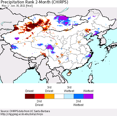 China, Mongolia and Taiwan Precipitation Rank since 1981, 2-Month (CHIRPS) Thematic Map For 5/1/2021 - 6/30/2021