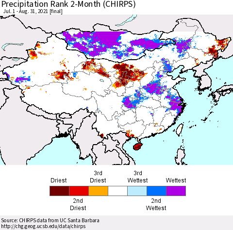 China, Mongolia and Taiwan Precipitation Rank since 1981, 2-Month (CHIRPS) Thematic Map For 7/1/2021 - 8/31/2021