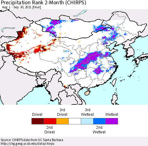 China, Mongolia and Taiwan Precipitation Rank since 1981, 2-Month (CHIRPS) Thematic Map For 8/1/2021 - 9/30/2021