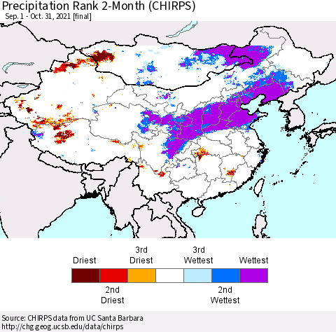 China, Mongolia and Taiwan Precipitation Rank since 1981, 2-Month (CHIRPS) Thematic Map For 9/1/2021 - 10/31/2021