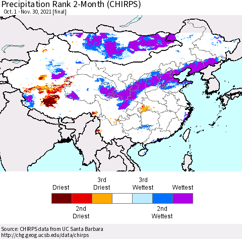 China, Mongolia and Taiwan Precipitation Rank since 1981, 2-Month (CHIRPS) Thematic Map For 10/1/2021 - 11/30/2021