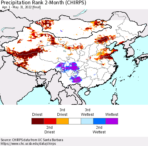 China, Mongolia and Taiwan Precipitation Rank since 1981, 2-Month (CHIRPS) Thematic Map For 4/1/2022 - 5/31/2022
