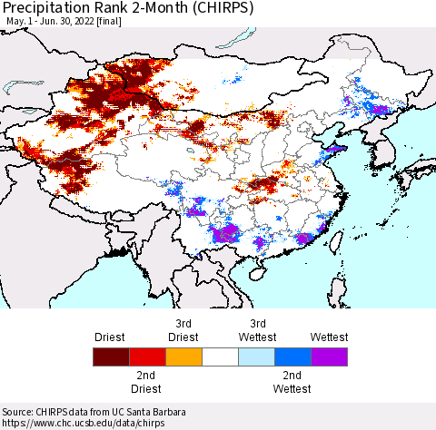China, Mongolia and Taiwan Precipitation Rank since 1981, 2-Month (CHIRPS) Thematic Map For 5/1/2022 - 6/30/2022