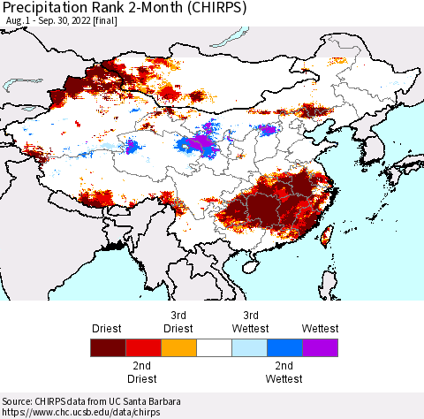 China, Mongolia and Taiwan Precipitation Rank since 1981, 2-Month (CHIRPS) Thematic Map For 8/1/2022 - 9/30/2022