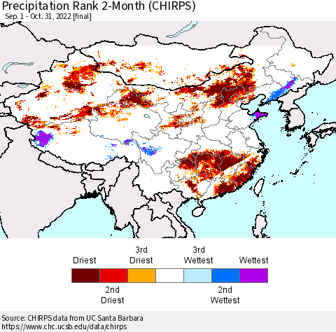 China, Mongolia and Taiwan Precipitation Rank since 1981, 2-Month (CHIRPS) Thematic Map For 9/1/2022 - 10/31/2022