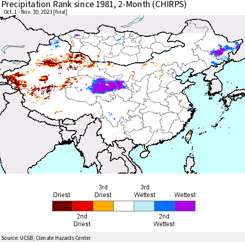 China, Mongolia and Taiwan Precipitation Rank since 1981, 2-Month (CHIRPS) Thematic Map For 10/1/2023 - 11/30/2023