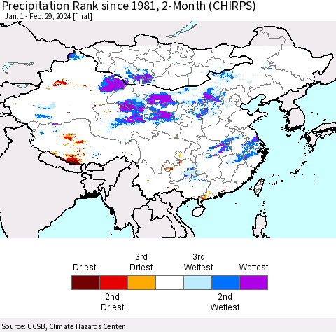 China, Mongolia and Taiwan Precipitation Rank since 1981, 2-Month (CHIRPS) Thematic Map For 1/1/2024 - 2/29/2024