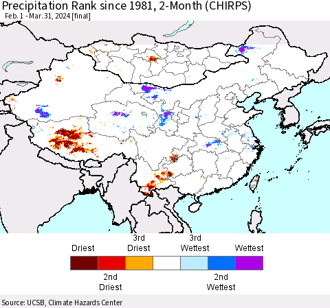 China, Mongolia and Taiwan Precipitation Rank since 1981, 2-Month (CHIRPS) Thematic Map For 2/1/2024 - 3/31/2024