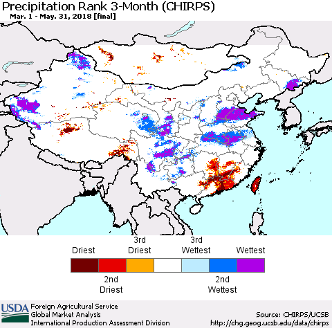 China, Mongolia and Taiwan Precipitation Rank since 1981, 3-Month (CHIRPS) Thematic Map For 3/1/2018 - 5/31/2018