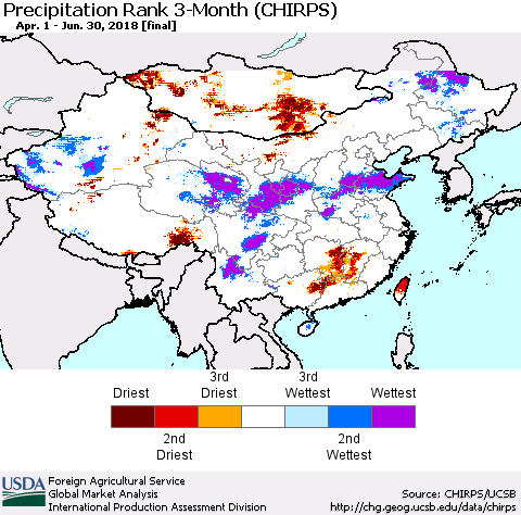 China, Mongolia and Taiwan Precipitation Rank since 1981, 3-Month (CHIRPS) Thematic Map For 4/1/2018 - 6/30/2018