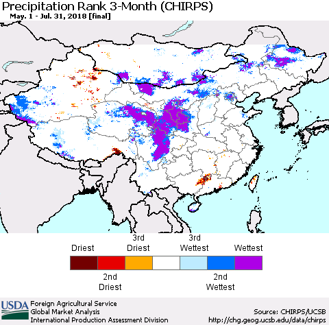 China, Mongolia and Taiwan Precipitation Rank since 1981, 3-Month (CHIRPS) Thematic Map For 5/1/2018 - 7/31/2018
