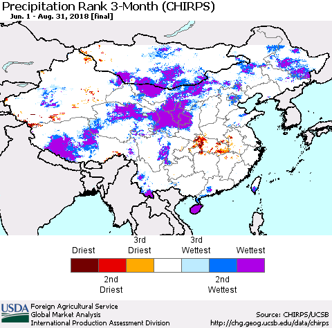 China, Mongolia and Taiwan Precipitation Rank since 1981, 3-Month (CHIRPS) Thematic Map For 6/1/2018 - 8/31/2018