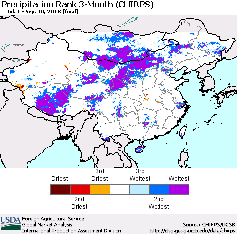 China, Mongolia and Taiwan Precipitation Rank since 1981, 3-Month (CHIRPS) Thematic Map For 7/1/2018 - 9/30/2018