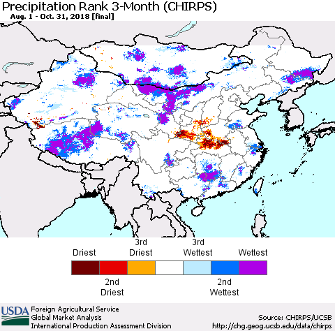 China, Mongolia and Taiwan Precipitation Rank since 1981, 3-Month (CHIRPS) Thematic Map For 8/1/2018 - 10/31/2018
