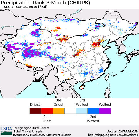 China, Mongolia and Taiwan Precipitation Rank since 1981, 3-Month (CHIRPS) Thematic Map For 9/1/2018 - 11/30/2018