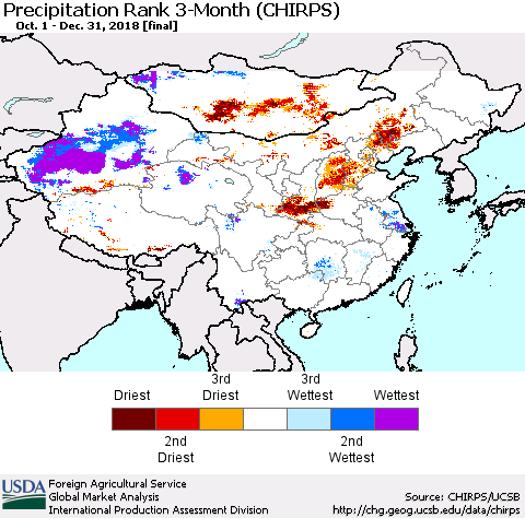 China and Taiwan Precipitation Rank 3-Month (CHIRPS) Thematic Map For 10/1/2018 - 12/31/2018