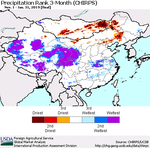 China, Mongolia and Taiwan Precipitation Rank since 1981, 3-Month (CHIRPS) Thematic Map For 11/1/2018 - 1/31/2019