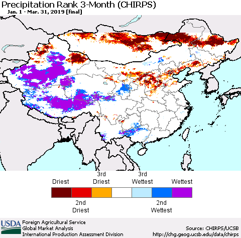 China and Taiwan Precipitation Rank 3-Month (CHIRPS) Thematic Map For 1/1/2019 - 3/31/2019