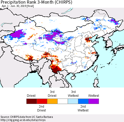 China, Mongolia and Taiwan Precipitation Rank since 1981, 3-Month (CHIRPS) Thematic Map For 4/1/2019 - 6/30/2019