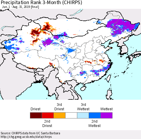 China, Mongolia and Taiwan Precipitation Rank since 1981, 3-Month (CHIRPS) Thematic Map For 6/1/2019 - 8/31/2019