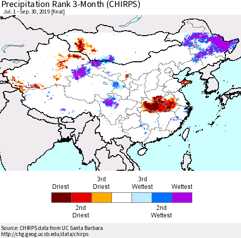 China and Taiwan Precipitation Rank 3-Month (CHIRPS) Thematic Map For 7/1/2019 - 9/30/2019