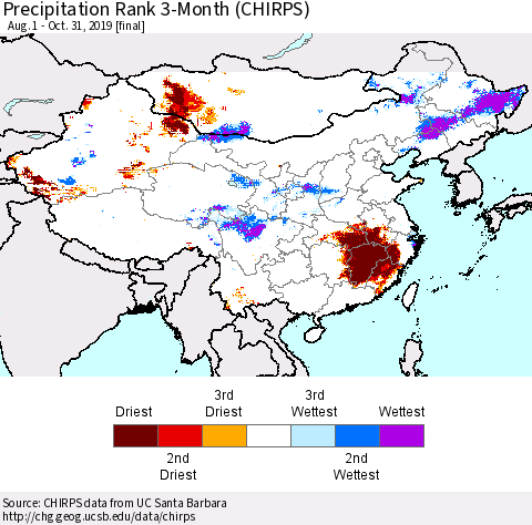 China and Taiwan Precipitation Rank 3-Month (CHIRPS) Thematic Map For 8/1/2019 - 10/31/2019