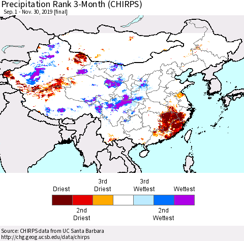China, Mongolia and Taiwan Precipitation Rank since 1981, 3-Month (CHIRPS) Thematic Map For 9/1/2019 - 11/30/2019
