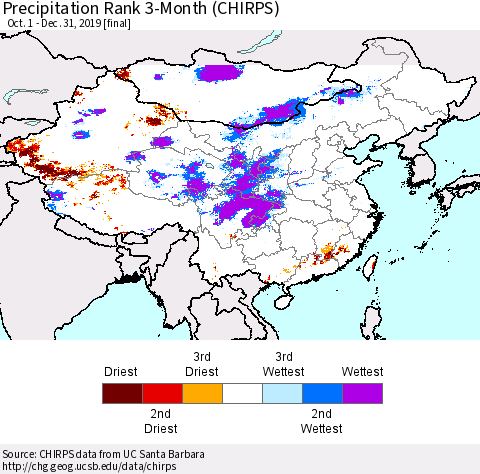 China and Taiwan Precipitation Rank 3-Month (CHIRPS) Thematic Map For 10/1/2019 - 12/31/2019