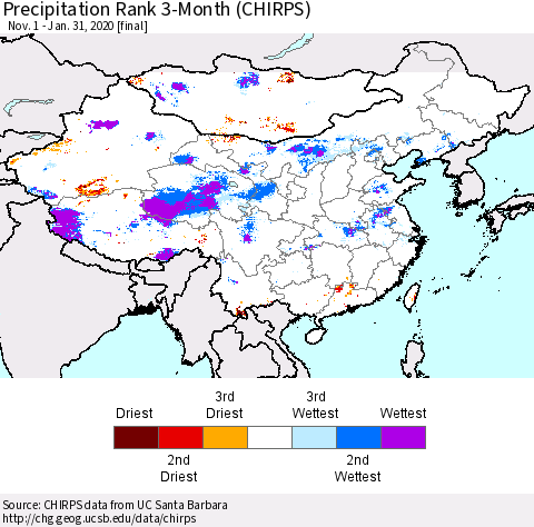 China, Mongolia and Taiwan Precipitation Rank since 1981, 3-Month (CHIRPS) Thematic Map For 11/1/2019 - 1/31/2020