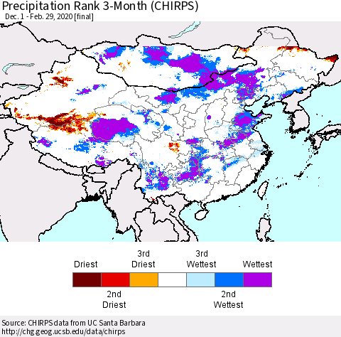 China, Mongolia and Taiwan Precipitation Rank since 1981, 3-Month (CHIRPS) Thematic Map For 12/1/2019 - 2/29/2020