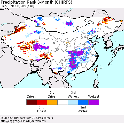 China, Mongolia and Taiwan Precipitation Rank since 1981, 3-Month (CHIRPS) Thematic Map For 1/1/2020 - 3/31/2020