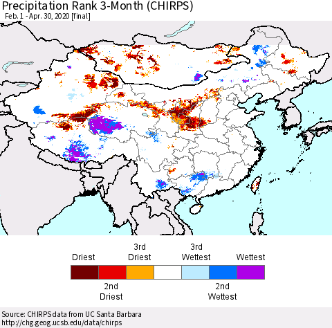 China, Mongolia and Taiwan Precipitation Rank since 1981, 3-Month (CHIRPS) Thematic Map For 2/1/2020 - 4/30/2020