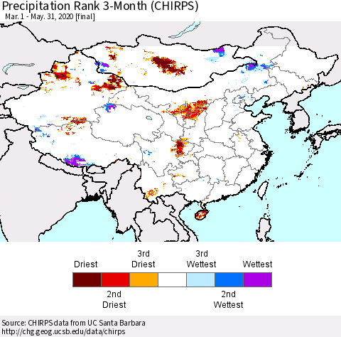 China, Mongolia and Taiwan Precipitation Rank since 1981, 3-Month (CHIRPS) Thematic Map For 3/1/2020 - 5/31/2020
