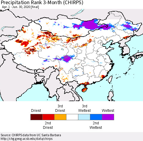 China, Mongolia and Taiwan Precipitation Rank since 1981, 3-Month (CHIRPS) Thematic Map For 4/1/2020 - 6/30/2020