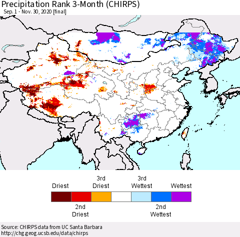 China, Mongolia and Taiwan Precipitation Rank since 1981, 3-Month (CHIRPS) Thematic Map For 9/1/2020 - 11/30/2020