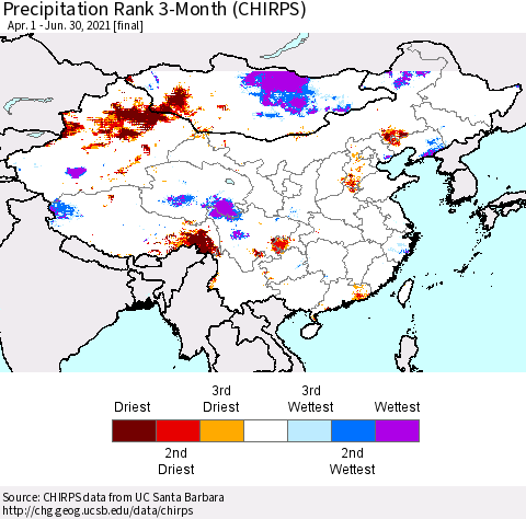 China, Mongolia and Taiwan Precipitation Rank since 1981, 3-Month (CHIRPS) Thematic Map For 4/1/2021 - 6/30/2021