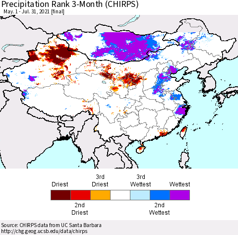 China, Mongolia and Taiwan Precipitation Rank since 1981, 3-Month (CHIRPS) Thematic Map For 5/1/2021 - 7/31/2021