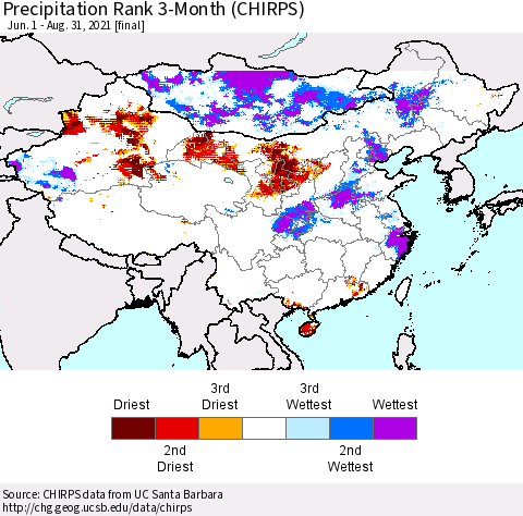 China, Mongolia and Taiwan Precipitation Rank since 1981, 3-Month (CHIRPS) Thematic Map For 6/1/2021 - 8/31/2021