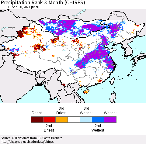 China, Mongolia and Taiwan Precipitation Rank since 1981, 3-Month (CHIRPS) Thematic Map For 7/1/2021 - 9/30/2021