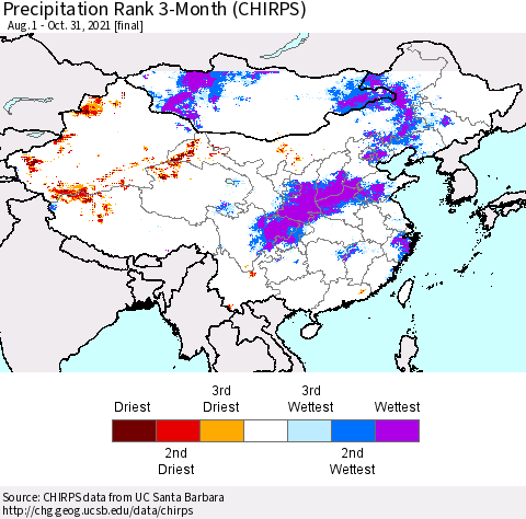 China, Mongolia and Taiwan Precipitation Rank since 1981, 3-Month (CHIRPS) Thematic Map For 8/1/2021 - 10/31/2021