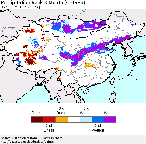 China, Mongolia and Taiwan Precipitation Rank since 1981, 3-Month (CHIRPS) Thematic Map For 10/1/2021 - 12/31/2021