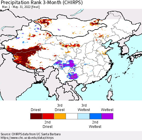 China, Mongolia and Taiwan Precipitation Rank since 1981, 3-Month (CHIRPS) Thematic Map For 3/1/2022 - 5/31/2022