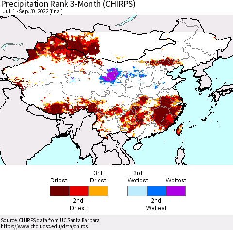 China, Mongolia and Taiwan Precipitation Rank since 1981, 3-Month (CHIRPS) Thematic Map For 7/1/2022 - 9/30/2022