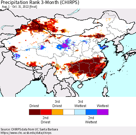 China, Mongolia and Taiwan Precipitation Rank since 1981, 3-Month (CHIRPS) Thematic Map For 8/1/2022 - 10/31/2022